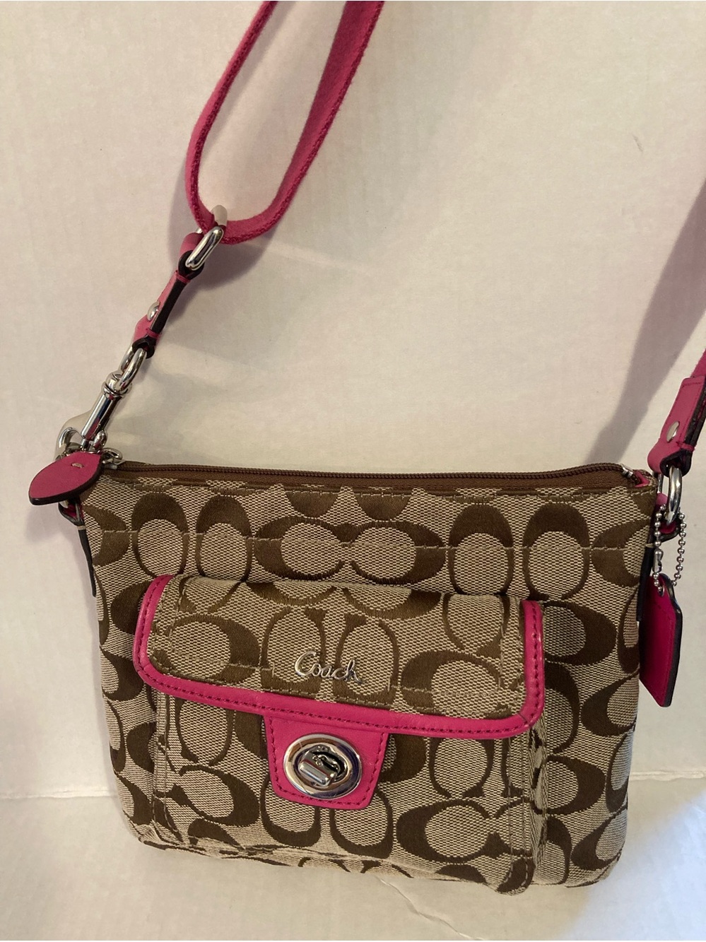 Coach Brown Signature Canvas Crossbody with Pink Strap - Picture 5 of 6